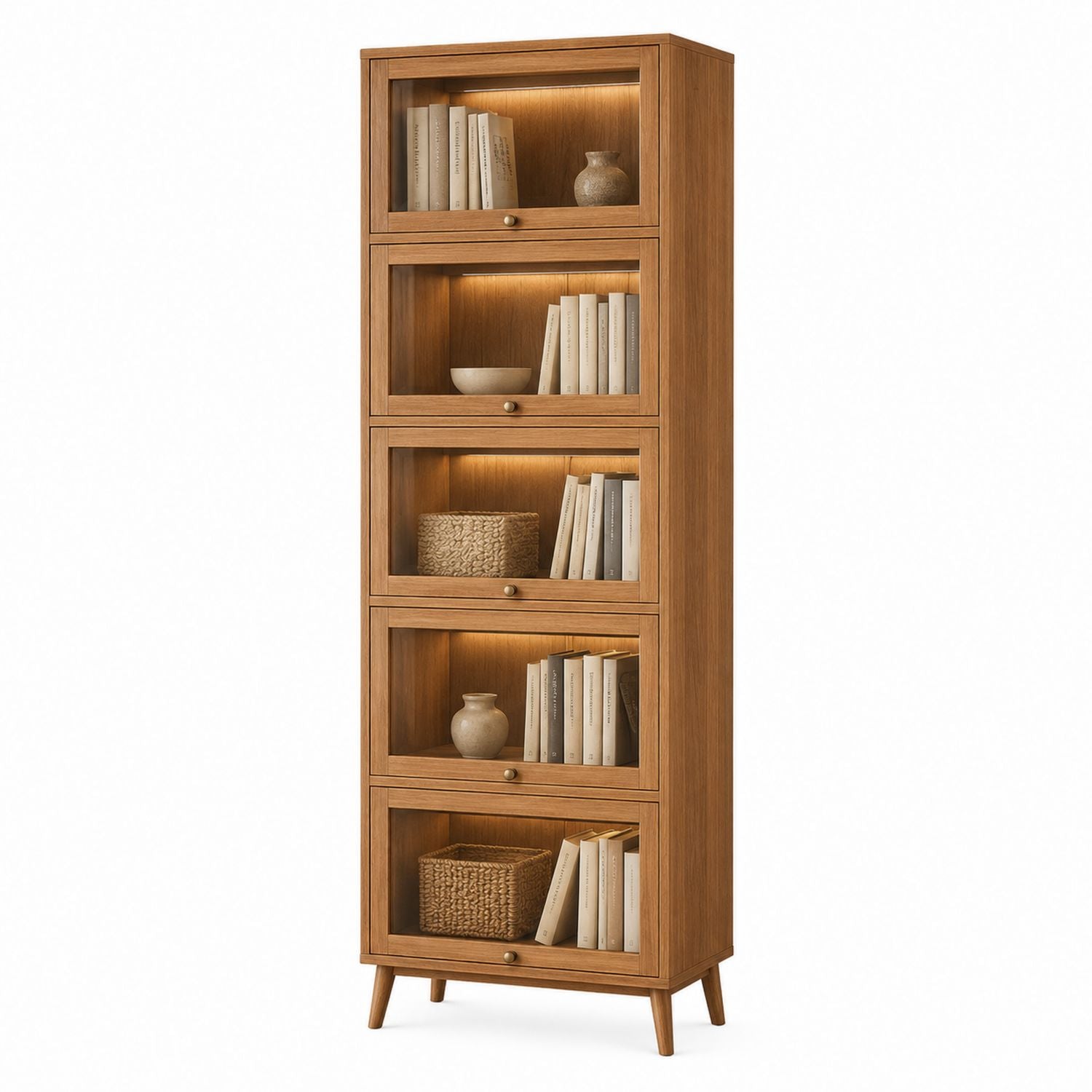 Tall Wood Storage Cabinet with Glass Doors and LED Lighting 180cm Height