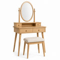 Oak Vanity Set with Mirror and Stool