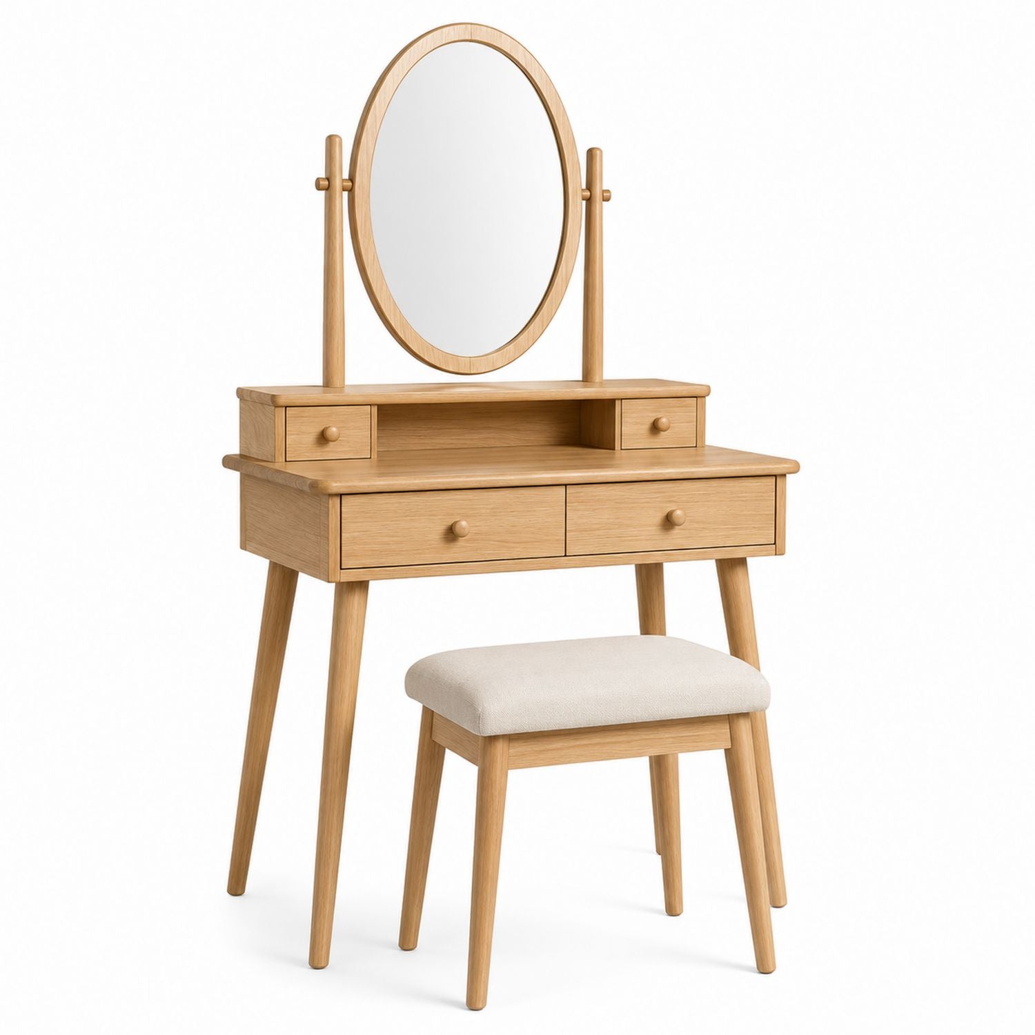Oak Vanity Set with Mirror and Stool