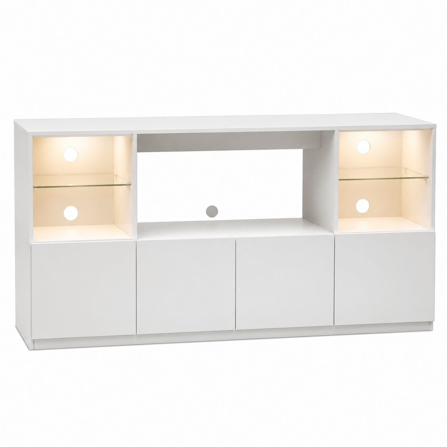 White TV Stand with Tempered Glass Shelves and LED Lights 180cm