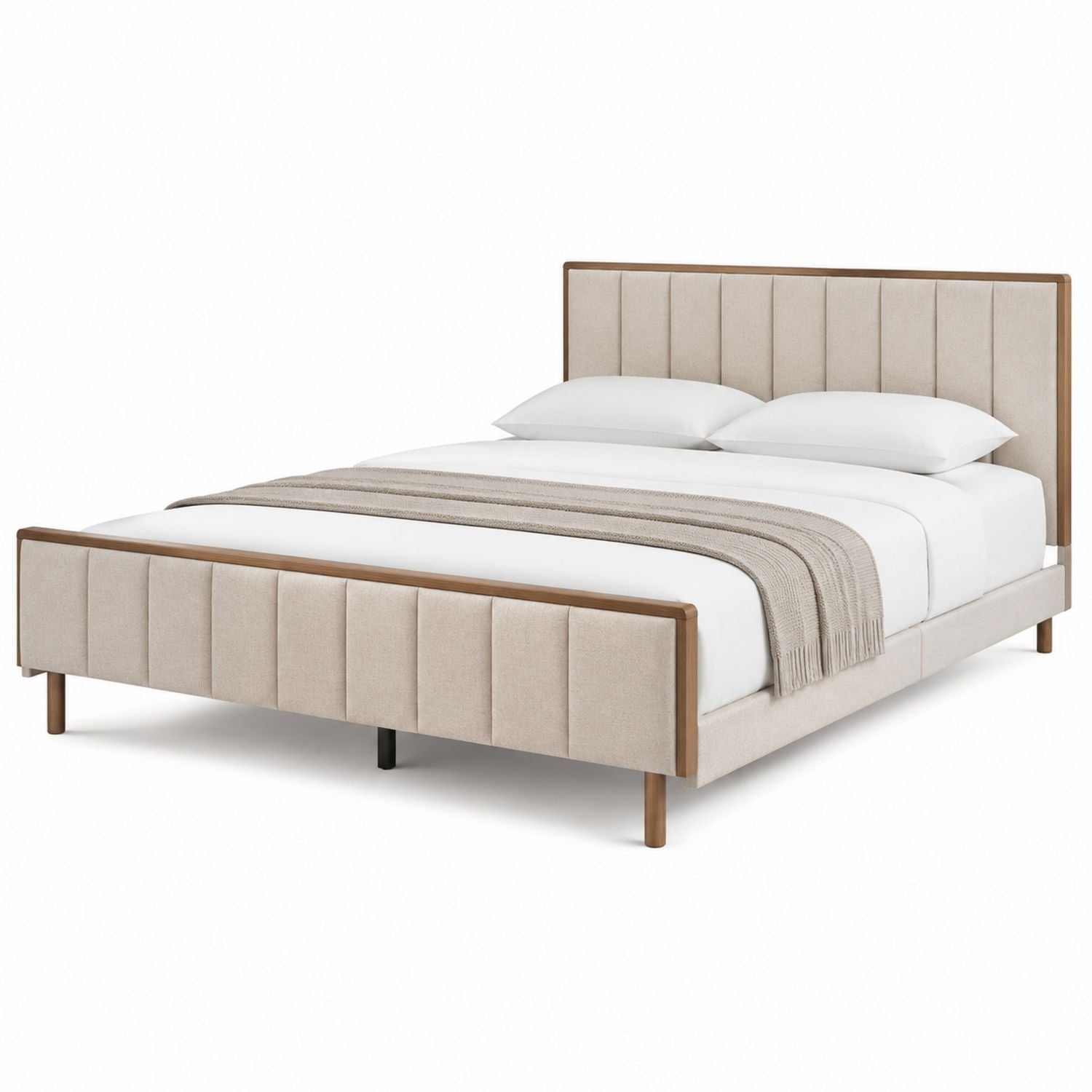 Upholstered Bed with Fabric Headboard and Oak Wood Frame in Beige