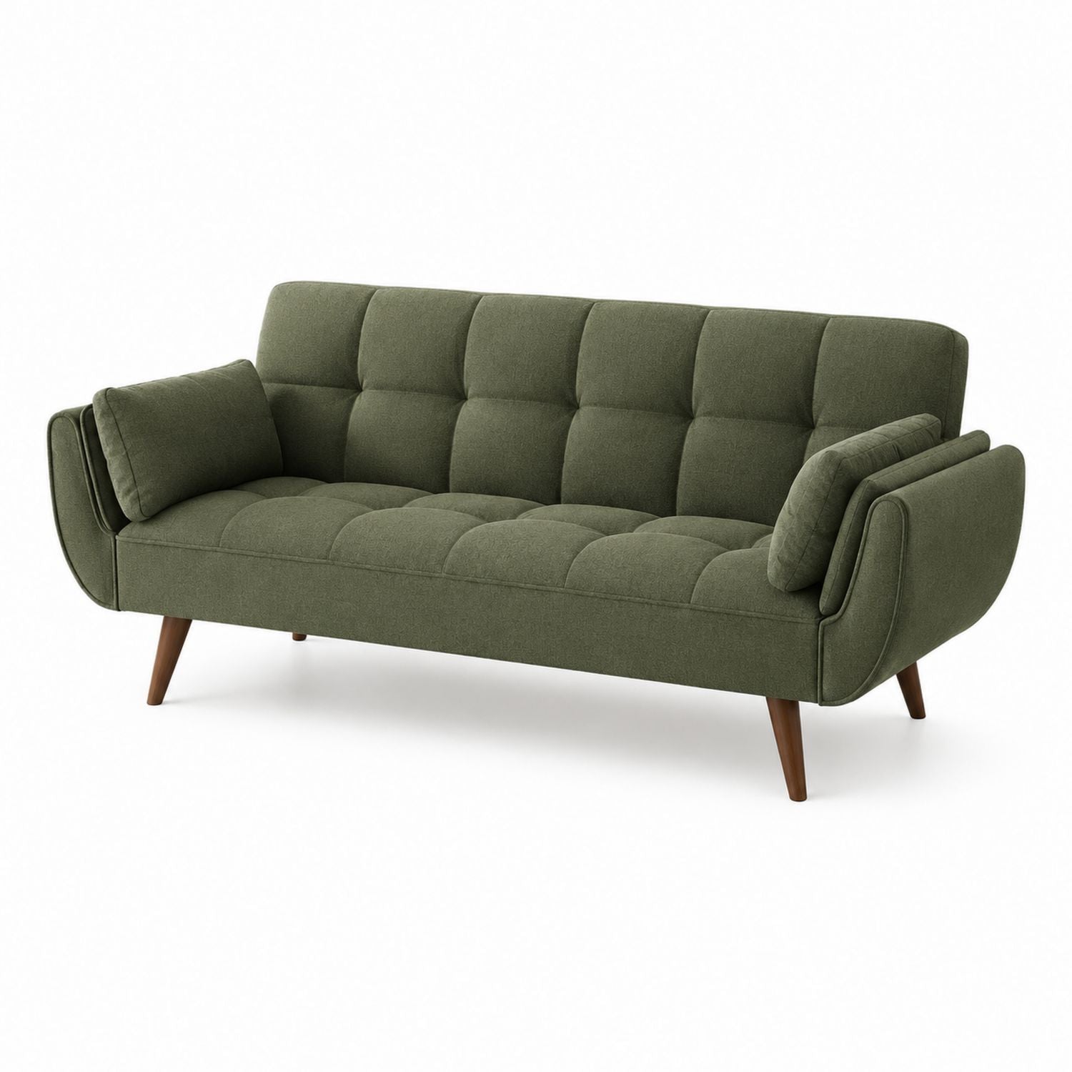 Olive Green Fabric Three-Seater Sofa with Wood Legs