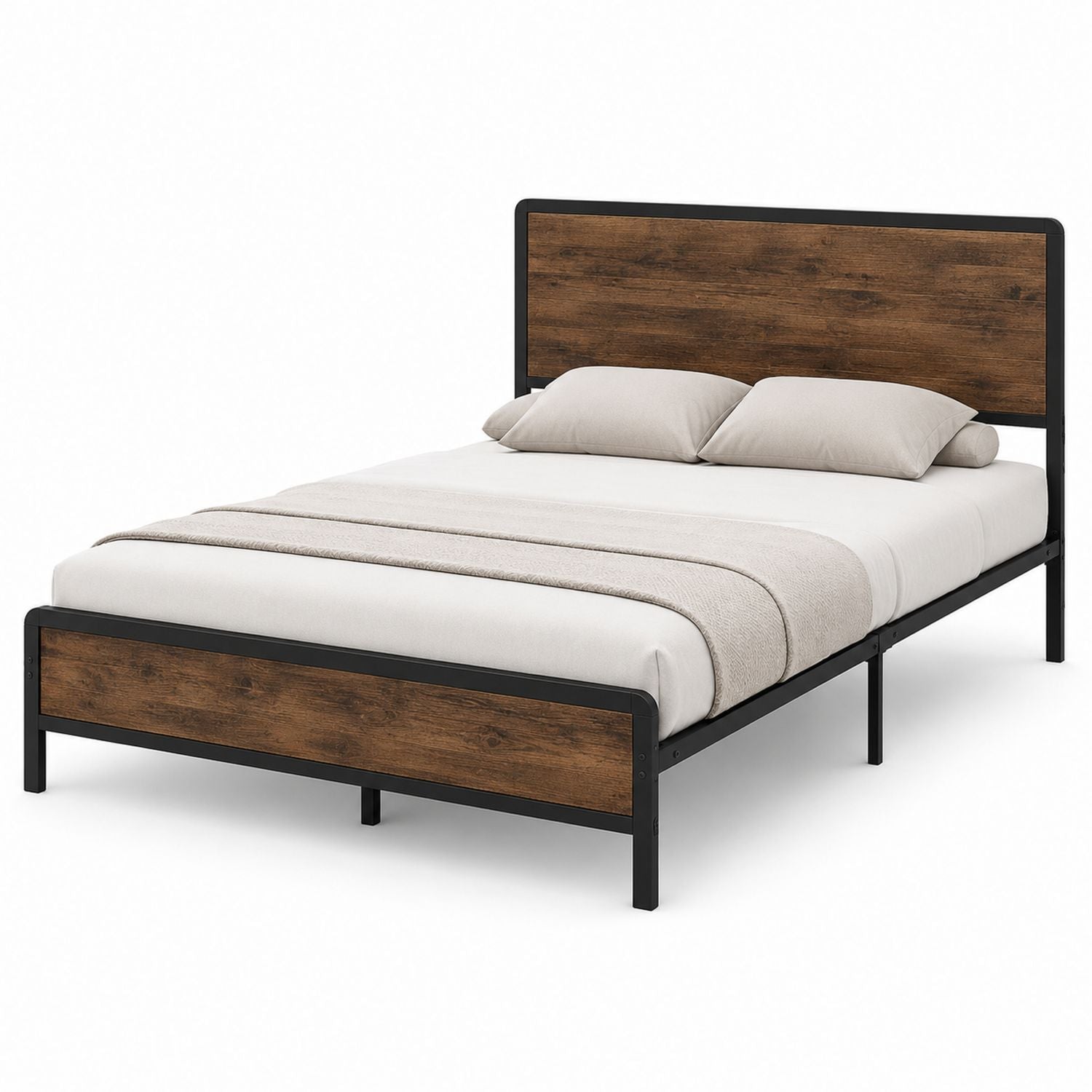 Queen Size Metal Wood Platform Bed Frame Black Brown 80in x 60in x 35in