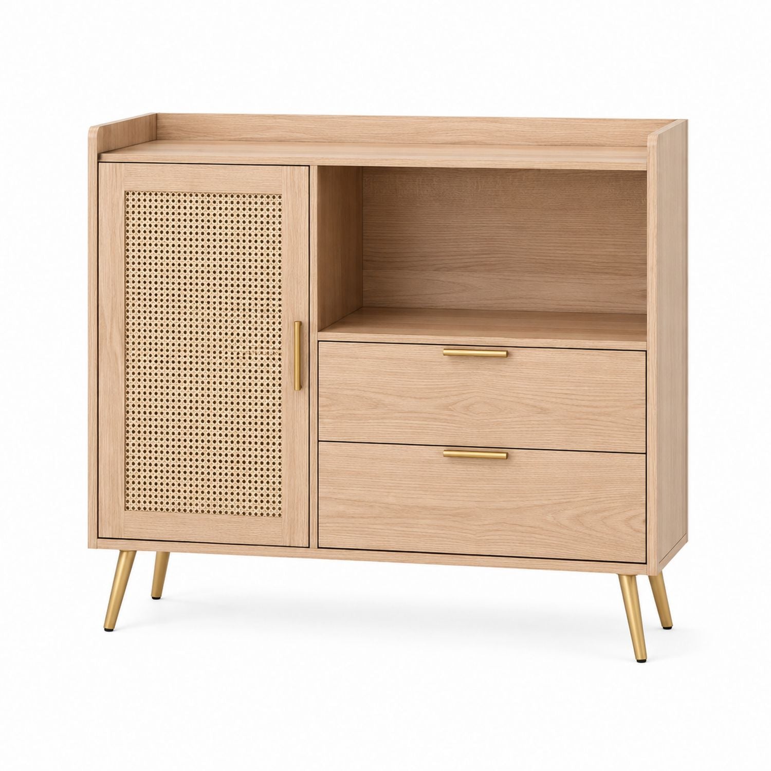 Oak Wood Sideboard with Rattan Door and Metal Legs 31.5in x 35.4in x 15.7in