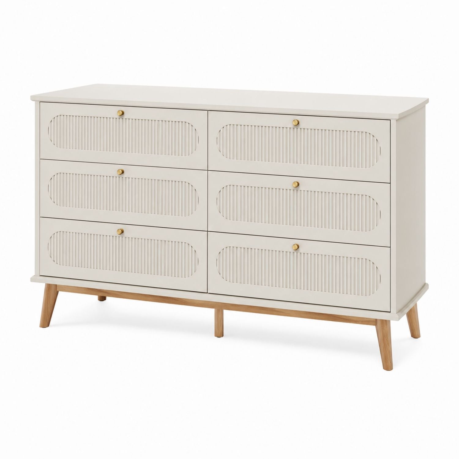 White MDF and Wood Six-Drawer Dresser