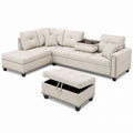 L-Shaped Fabric Sectional Sofa Set with Storage Ottoman Beige