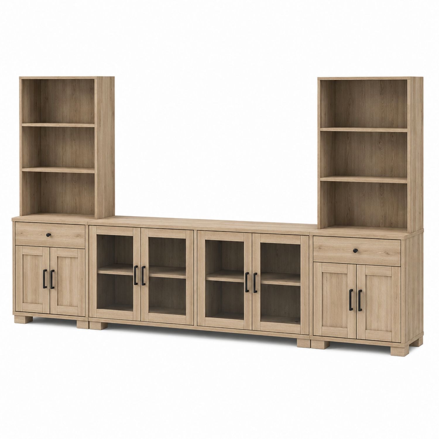 Wood Entertainment Center with Tempered Glass Doors and Bookshelves Natural 240cm