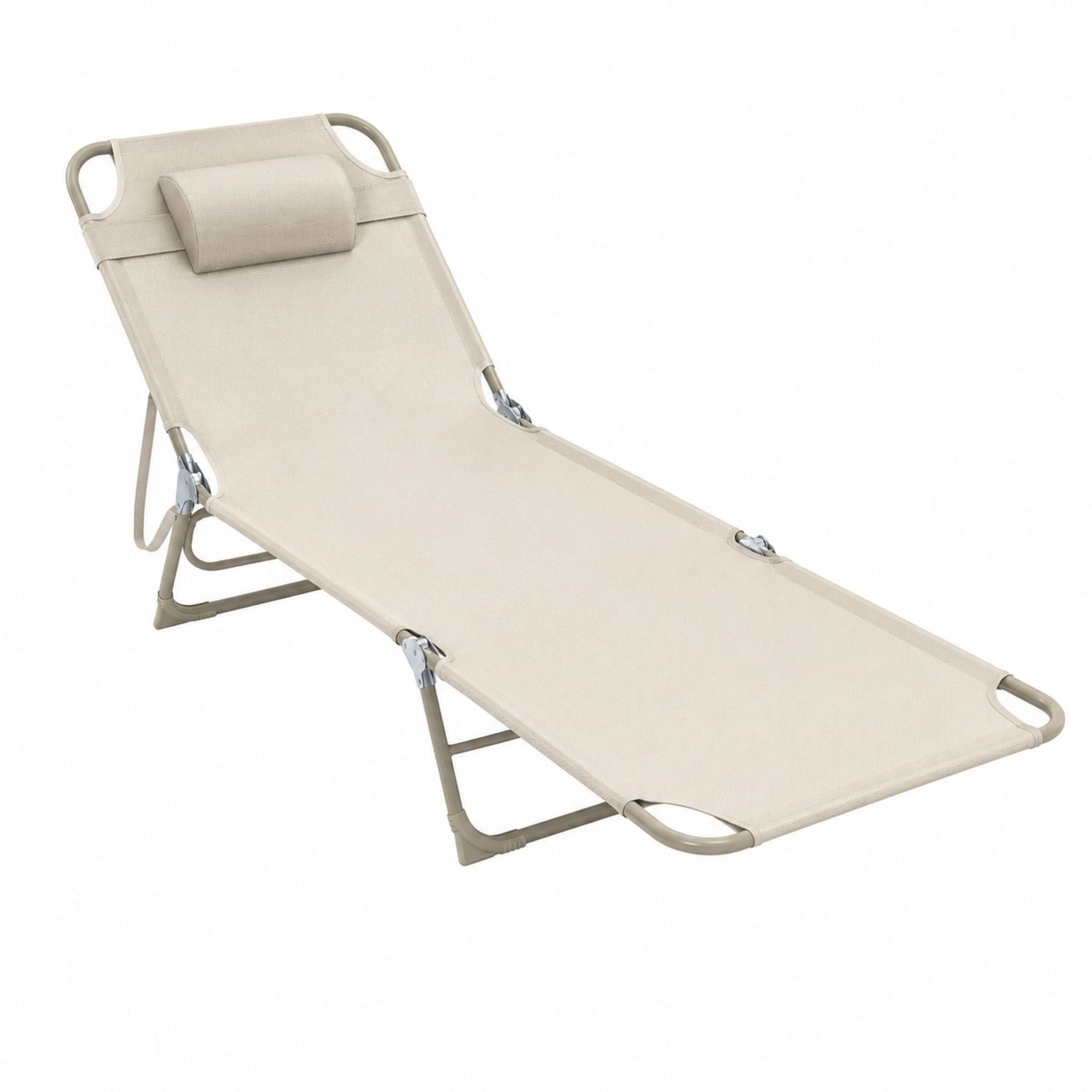 Beige Folding Outdoor Lounge Chair with Steel Frame and Textilene Fabric
