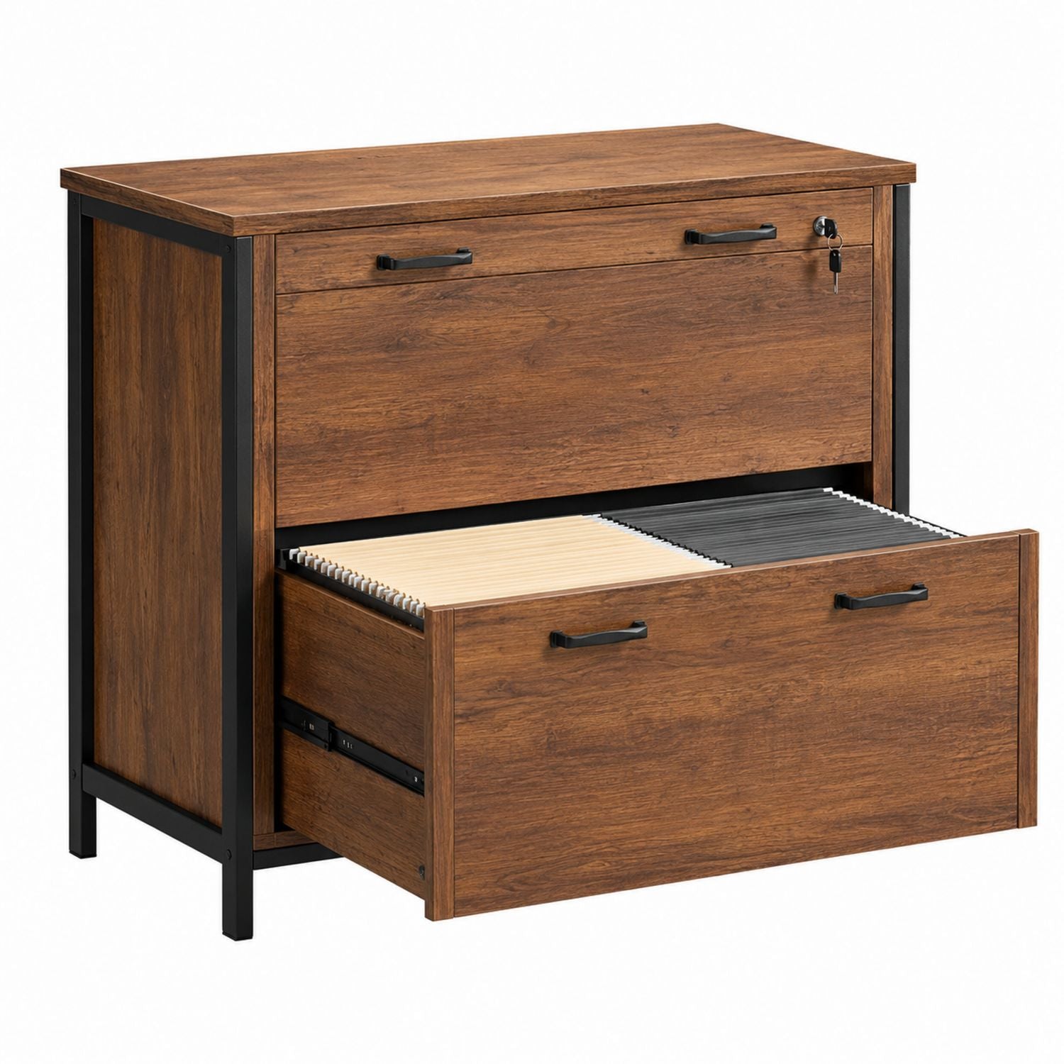 Wooden File Cabinet with Metal Frame and Two Lockable Drawers 30" H x 35" W x 16" D