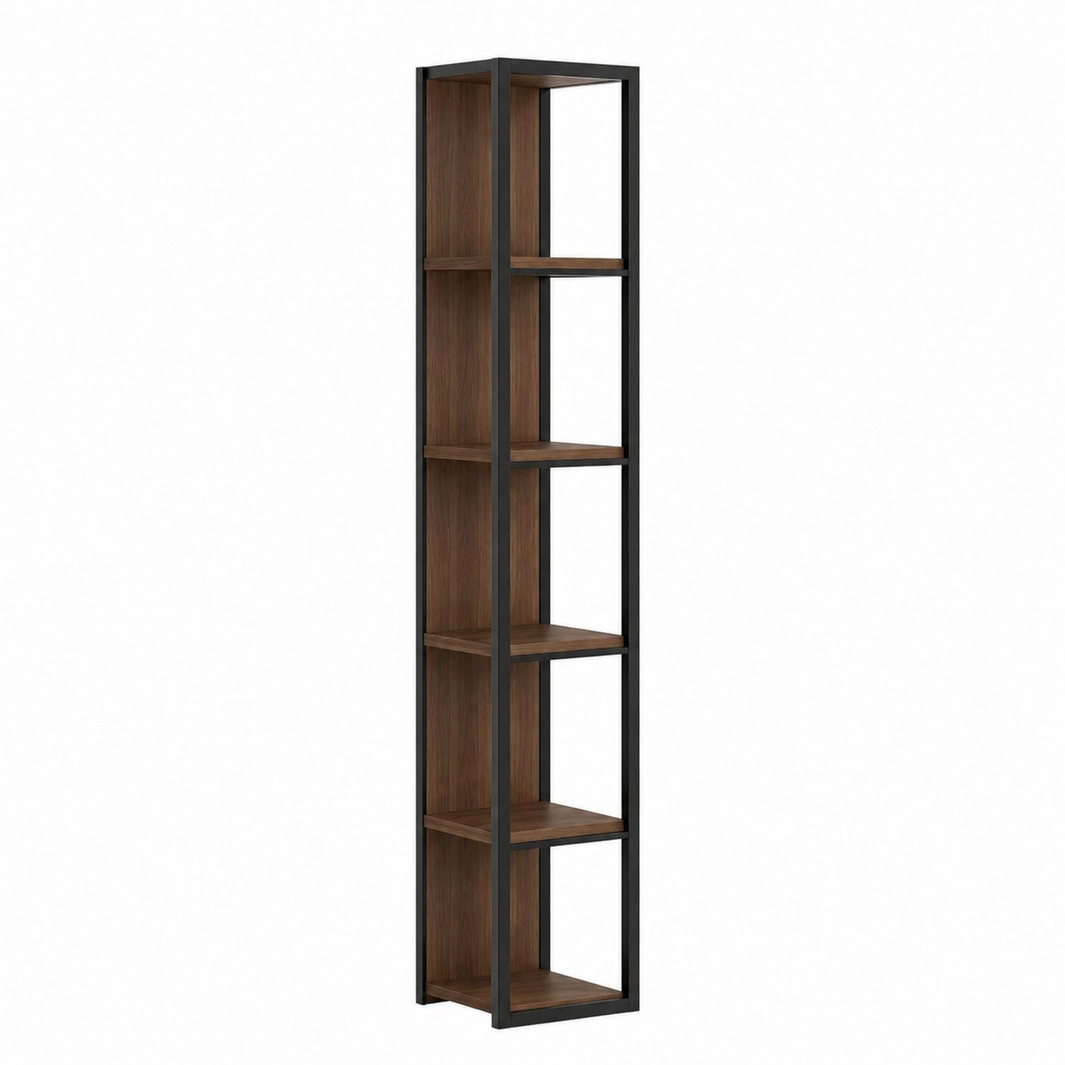 Tall Metal and Wood Bookcase Black Frame Brown Shelves 5 Tier