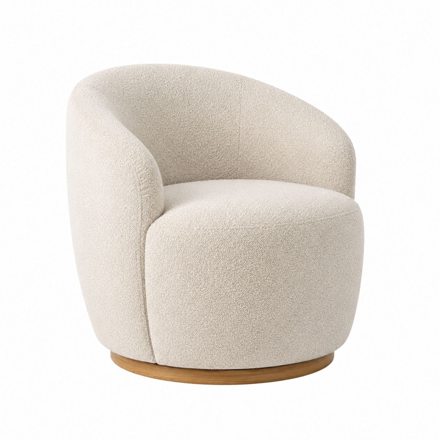 Boucle Fabric Swivel Armchair with Oak Base, Beige, 77cm Height