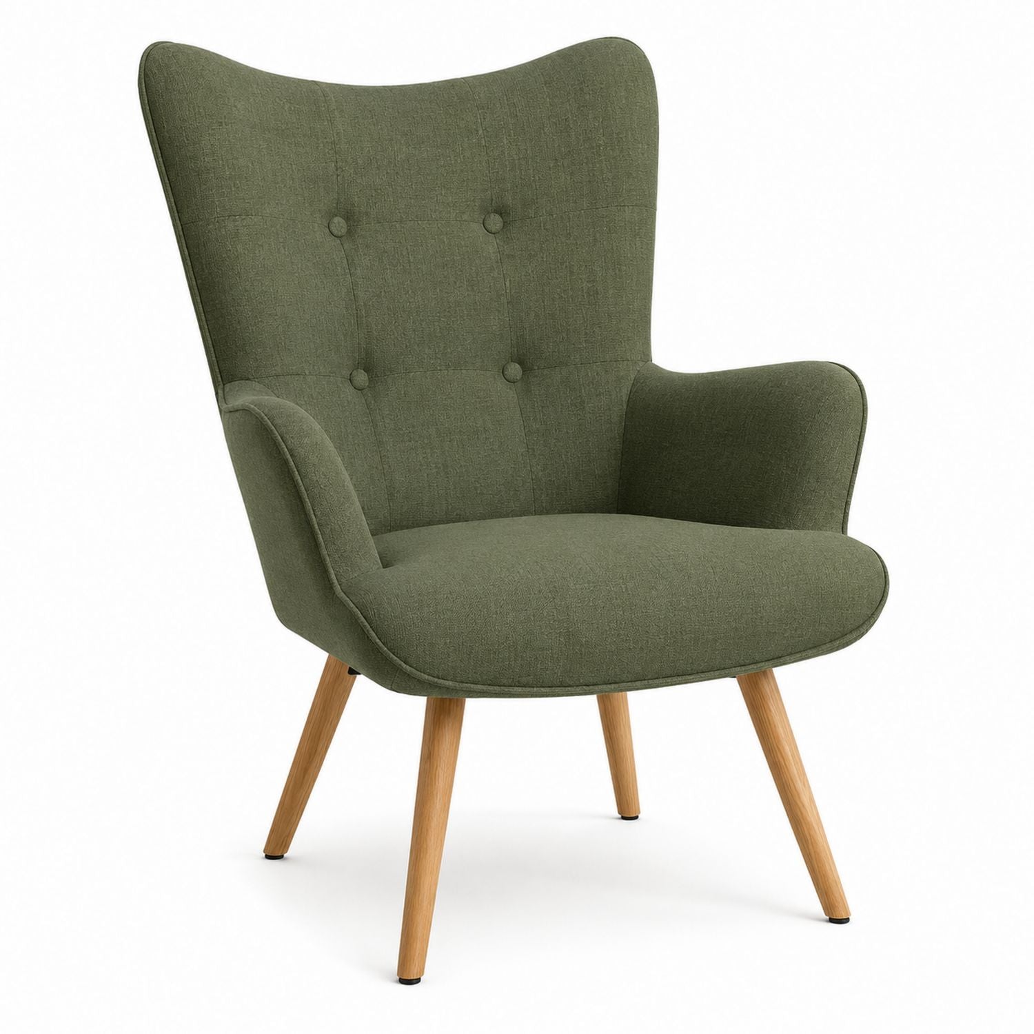 Green Fabric Wingback Chair with Wooden Legs