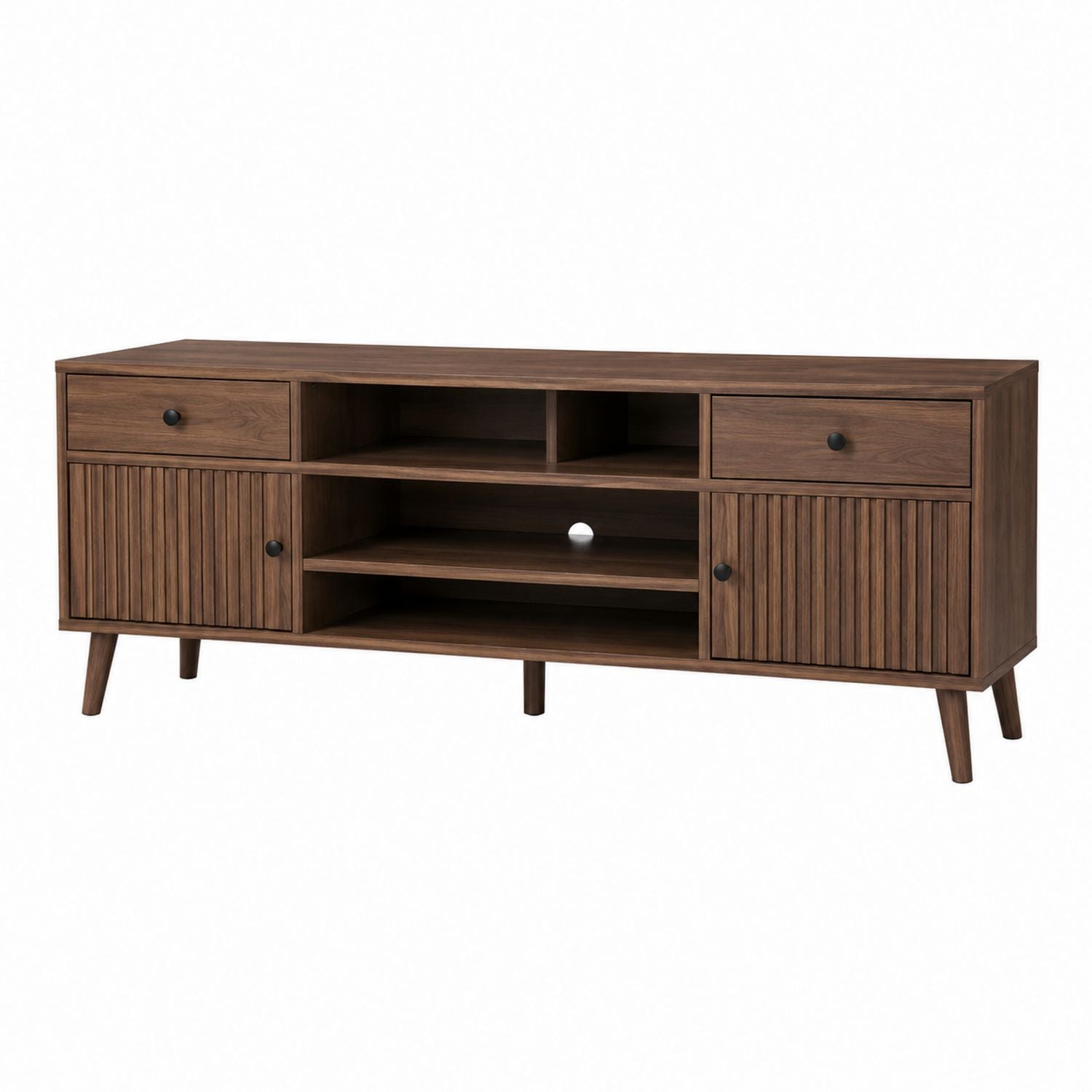 Walnut Wood TV Stand with Storage Cabinets and Drawers