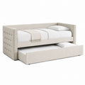 Beige Fabric Trundle Daybed with Nailhead Trim