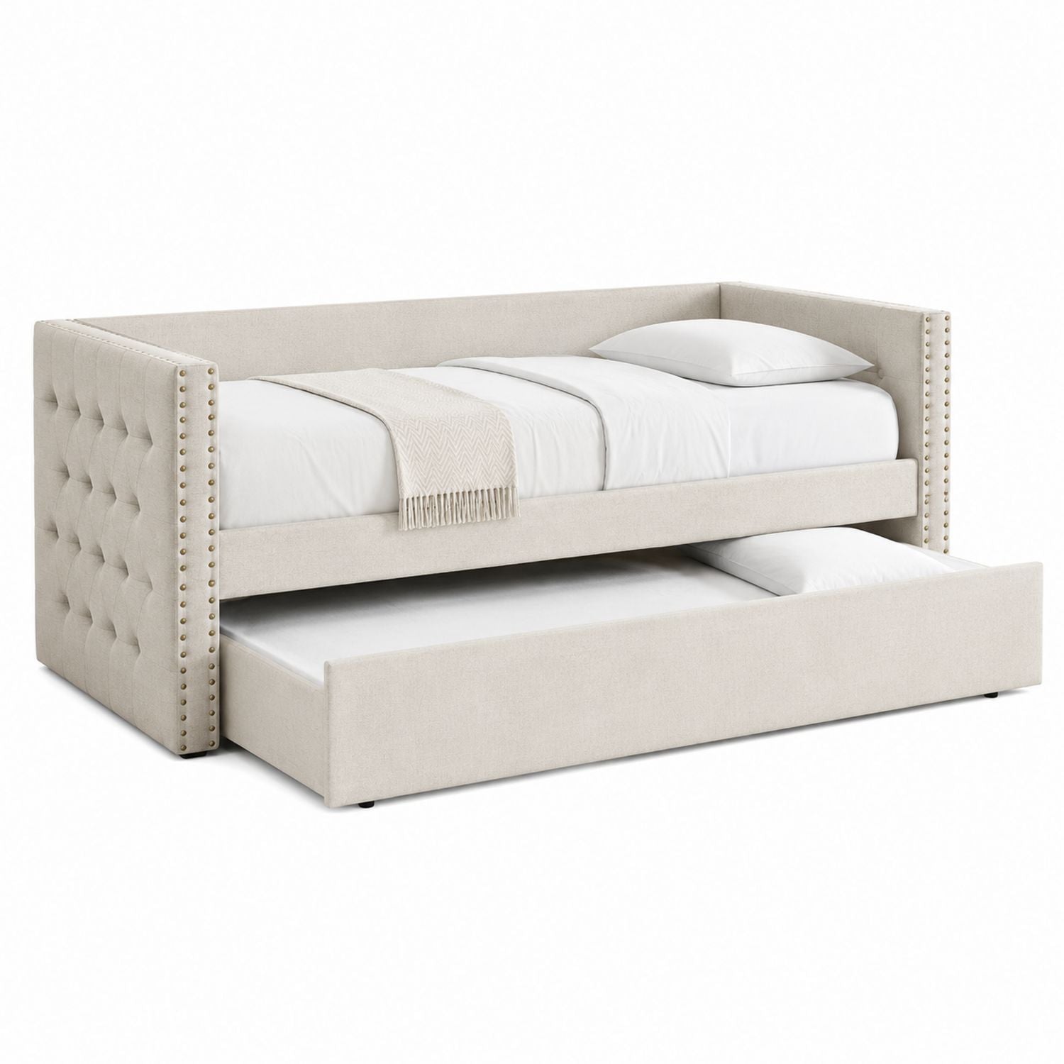 Beige Fabric Trundle Daybed with Nailhead Trim