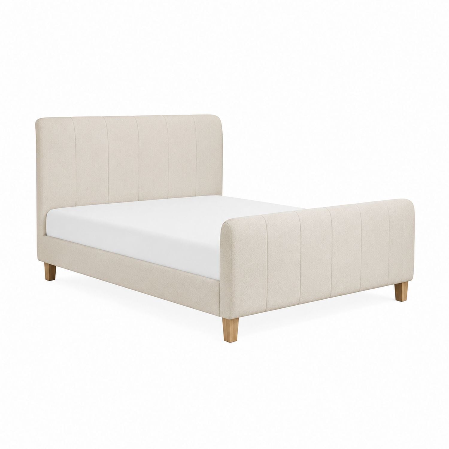 Beige Polyester Upholstered Bed Frame with Wood Legs