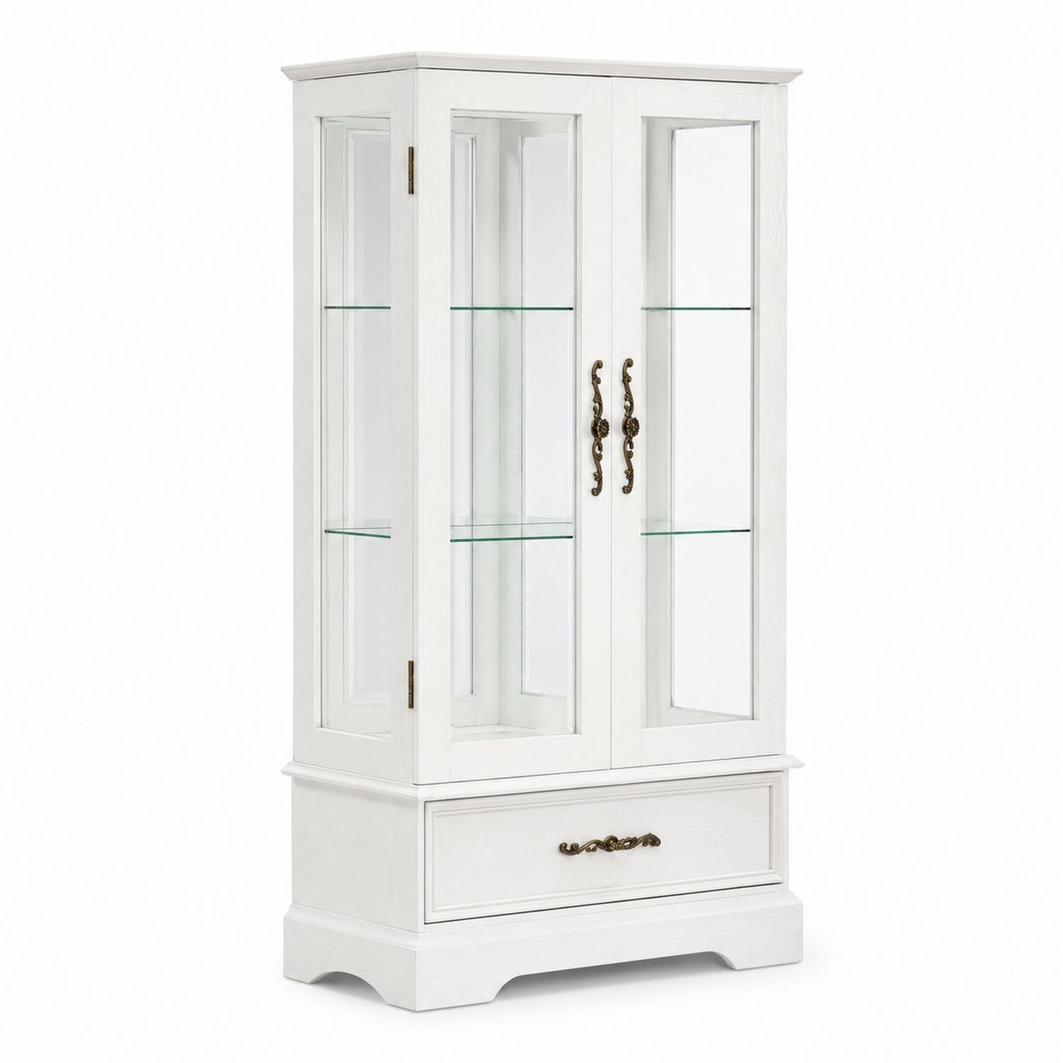 White Wood Display Cabinet with Tempered Glass Shelves and Drawer