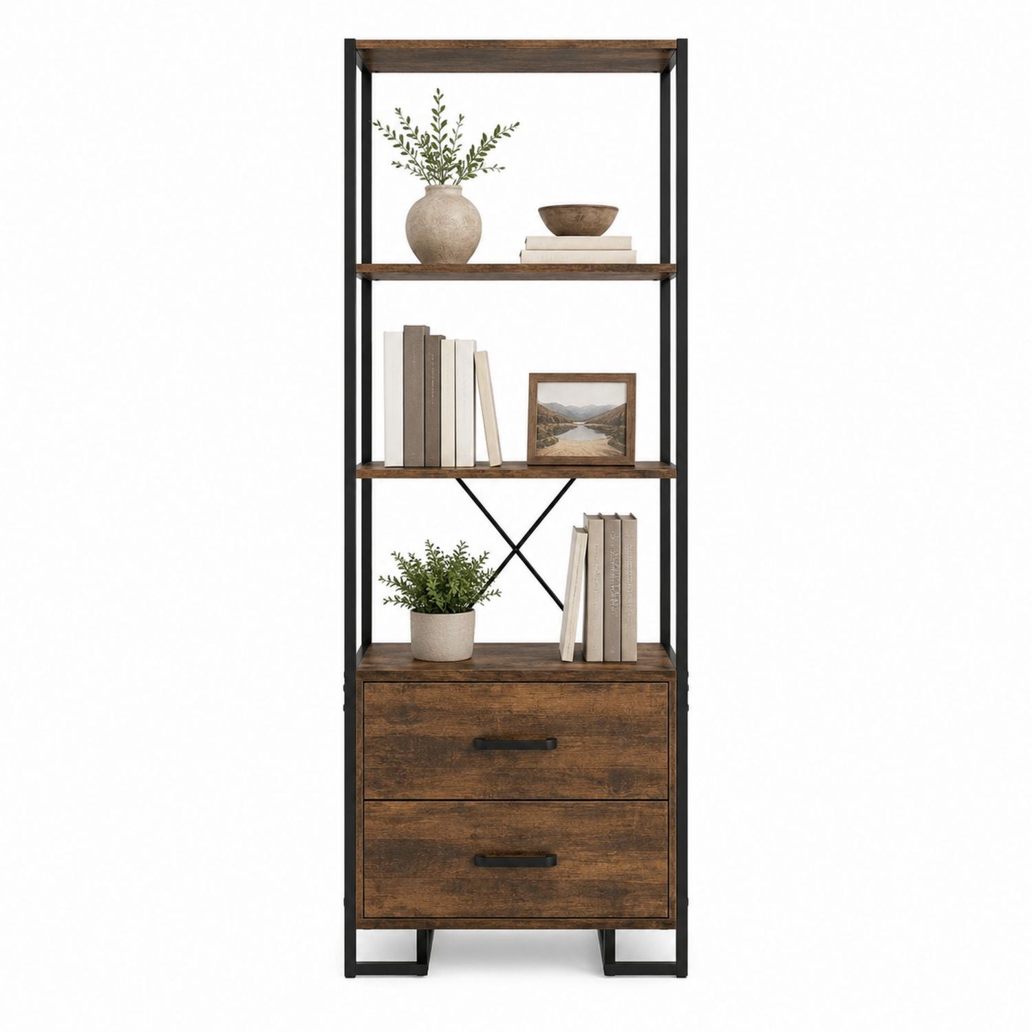 Industrial Bookcase with Metal Frame and Wood Shelves